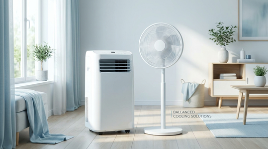 Portable air conditioner and pedestal fan side by side in a bright living room