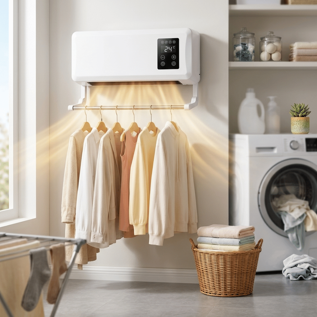 OCS Wall Fan Heater & Air Cooler – Drying Rack & Remote