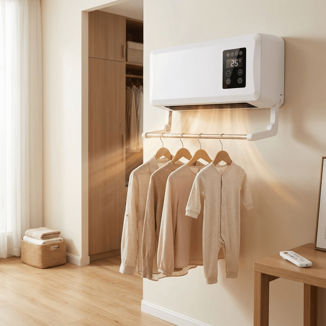 OCS Wall Fan Heater & Air Cooler – Drying Rack & Remote